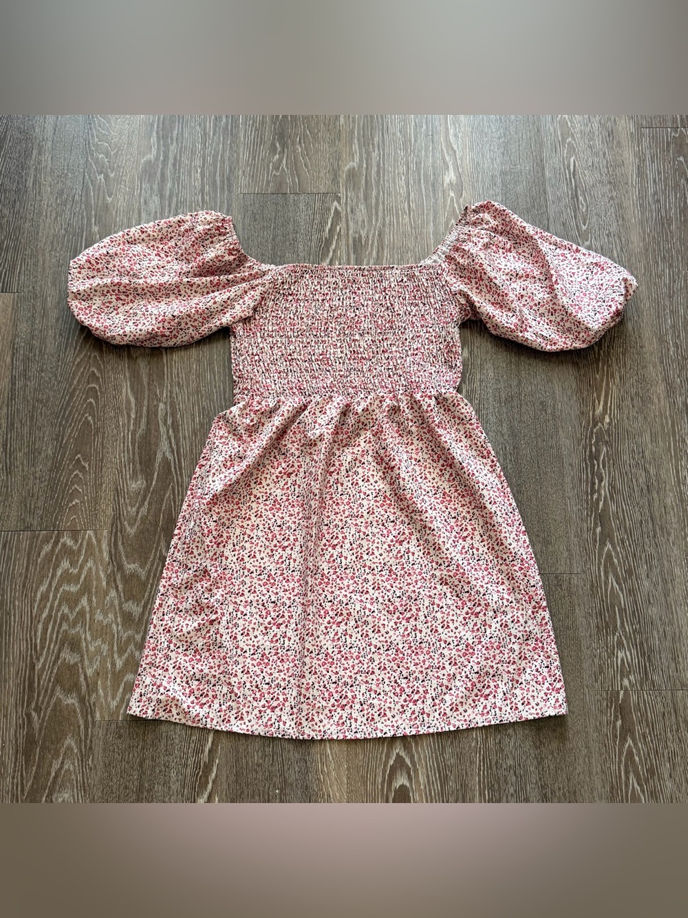 SHEIN Pink Floral Smocked Puff-Sleeve Mini Dress